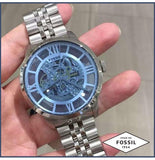 Buy Shop Fossil Townsman Automatic Skeleton Blue Dial Silver Steel Strap Watch for Men - ME3073 USA Online