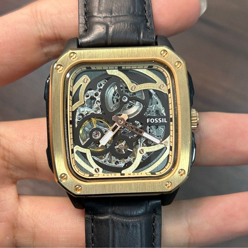 Buy Shop Fossil Inscription Automatic Skeleton Rose Gold Dial Black Leather Strap Watch for Men - BQ2572 USA Online