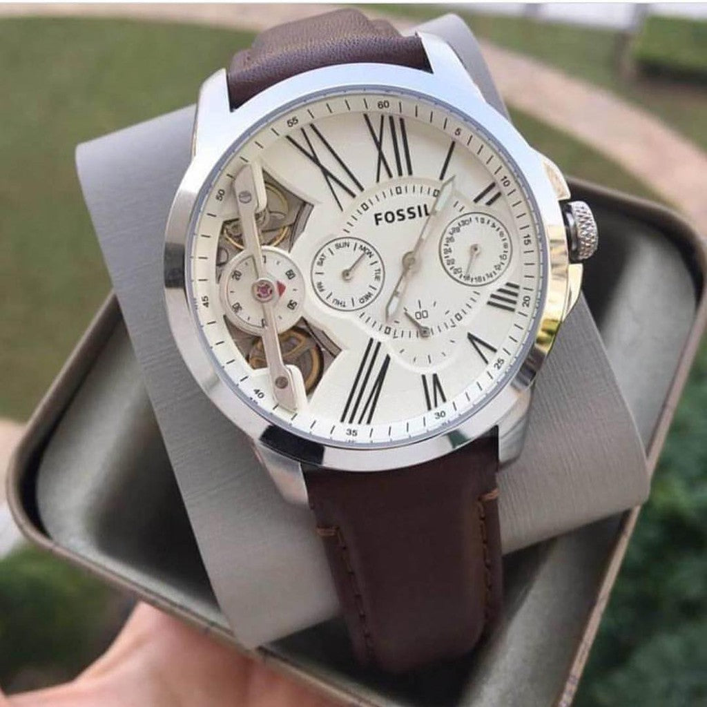 Buy Shop Fossil Grant Twist Multi-Function White Dial Brown Leather Strap Watch for Men - ME1144 USA Online