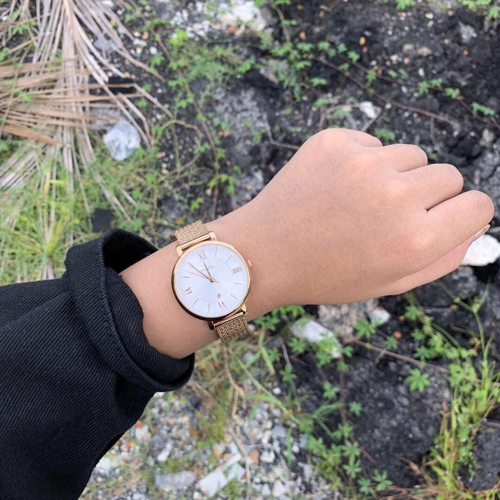 Buy Shop Fossil Jacqueline Mother of Pearl White Dial Gold Mesh Strap Watch for Women - ES4352 USA Online