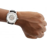 Buy Shop Emporio Armani Meccanico Silver Skeleton Dial Black Leather Watch For Men - AR1997 USA Online