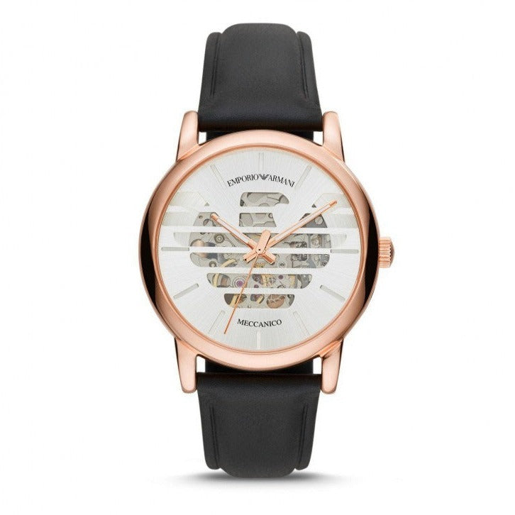 Buy Shop Emporio Armani Meccanico Skeleton Silver Dial Black Leather Strap Watch For Men - AR60031 USA Online