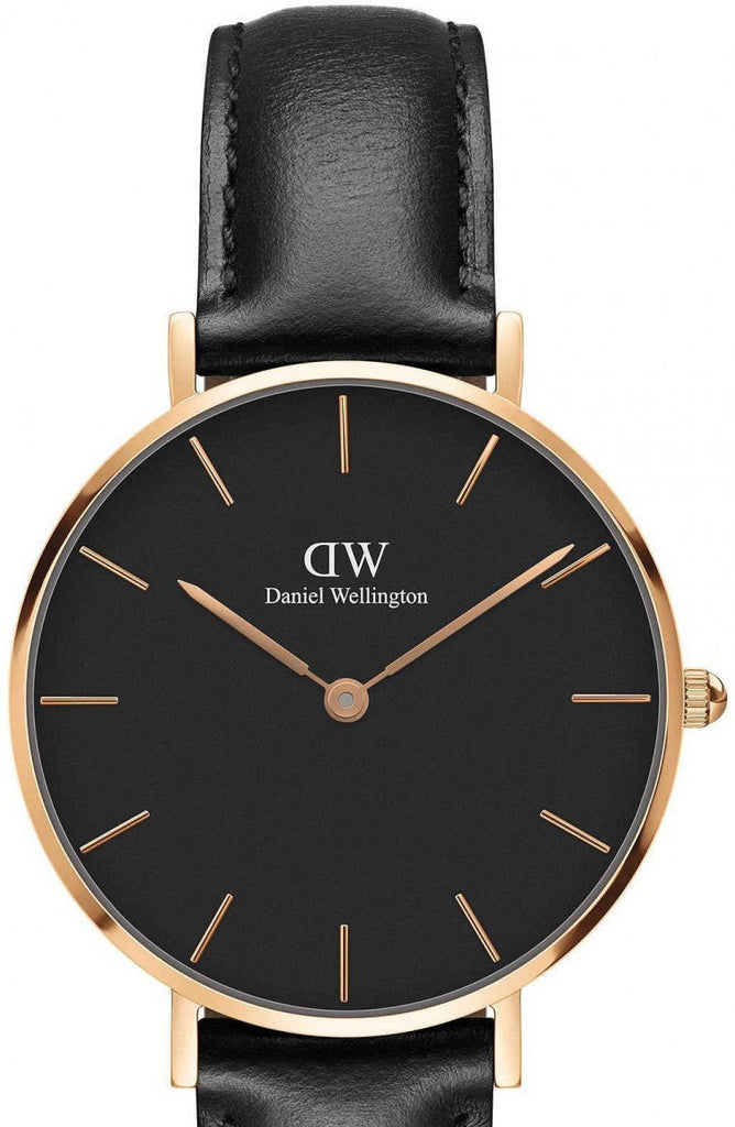 Buy Shop Daniel Wellington Petite Sheffield Black Dial Black Leather Strap Watch For Women - DW00100168 USA Online