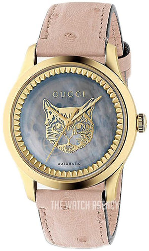 Gucci G Timeless Skeleton 16K Gold Mother of Pearl Dial Pink Leather Strap Watch For Women - YA1264110