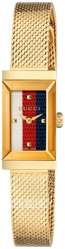 Buy Shop Gucci G Frame Quartz Diamonds White Red Blue Dial Gold Mesh Bracelet Watch For Women - YA147511 USA Online