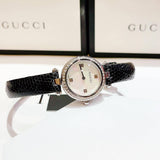 Buy Shop Gucci Diamantissima Diamonds Mother of Pearl Dial Black Leather Strap Watch For Women - YA141511 USA Online