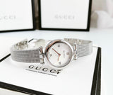 Buy Shop Gucci Diamantissima Quartz Diamonds Mother of Pearl Dial Silver Mesh Bracelet Watch for Women - YA141504 USA Online