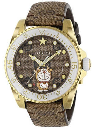Buy Shop Gucci Dive Doraemon Brown Dial Brown Leather Strap Watch For Men - YA136334 USA Online