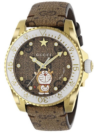 Buy Shop Gucci Dive Doraemon Brown Dial Brown Leather Strap Watch For Men - YA136334 USA Online