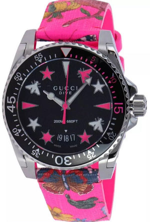 Buy Shop Gucci Dive Quartz Black Dial Pink Leather Strap Watch For Women - YA136326 USA Online