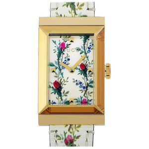 Buy Shop Gucci G-Frame Floral Mother of Pearl Dial White Leather Strap Watch For Women - YA147407 USA Online