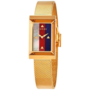Gucci G-Frame Mother of Pearl Dial Yellow Gold Mesh Bracelet Watch For Women - YA147410