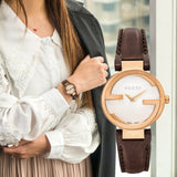 Buy Shop Gucci G Interlocking Mother of Pearl Dial Brown Leather Strap Watch For Women - YA133516 USA Online