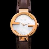 Buy Shop Gucci G Interlocking Mother of Pearl Dial Brown Leather Strap Watch For Women - YA133516 USA Online