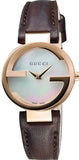 Buy Shop Gucci G Interlocking Mother of Pearl Dial Brown Leather Strap Watch For Women - YA133516 USA Online