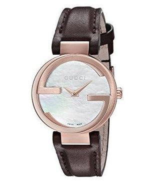 Buy Shop Gucci G Interlocking Mother of Pearl Dial Brown Leather Strap Watch For Women - YA133516 USA Online