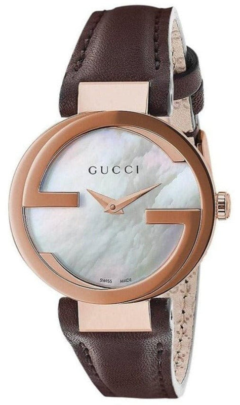Buy Shop Gucci G Interlocking Mother of Pearl Dial Brown Leather Strap Watch For Women - YA133516 USA Online