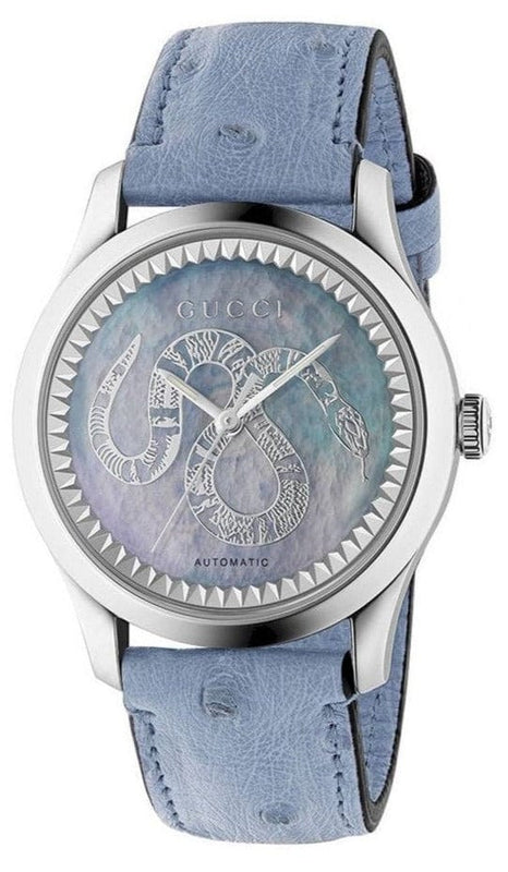 Buy Shop Gucci G Timeless Automatic Mother of Pearl Dial Blue Leather Strap Watch For Women - YA1264113 USA Online