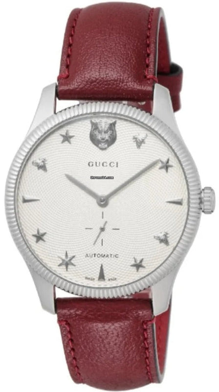 Buy Shop Gucci G Timeless Automatic Silver Dial Red Leather Strap Watch For Men - YA126346 USA Online