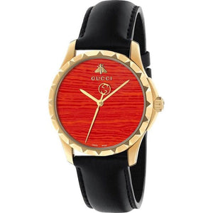 Buy Shop Gucci G Timeless Coral Red Dial Black Leather Strap Watch For Men - YA126464 USA Online