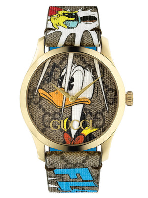 Buy Shop Gucci G Timeless Disney Donald Duck Brown Dial Brown Leather Strap Watch For Women - YA1264167 USA Online