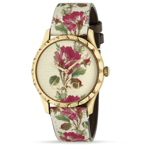 Buy Shop Gucci G Timeless Floral Gold Dial White Leather Strap Watch For Women - YA1264084 USA Online