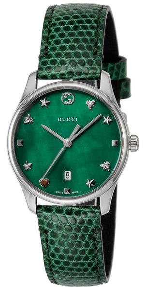 Buy Shop Gucci G-Timeless Green Mother of Pearl Dial Green Leather Strap Watch For Women - YA126585 USA Online