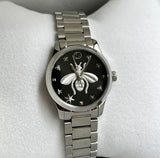 Buy Shop Gucci G Timeless Quartz Diamonds Black Dial Silver Steel Strap Watch For Women - YA1265024 USA Online
