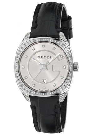 Buy Shop Gucci GG2570 Diamonds Silver Dial Black Leather Strap Watch For Women - YA142507 USA Online