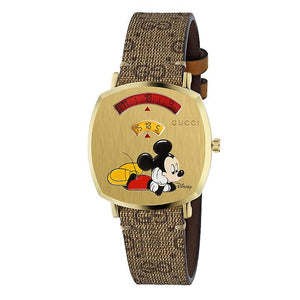 Buy Shop Gucci Grip Disney Mickey Mouse Gold Dial Brown Leather Strap Watch For Women - YA157420 USA Online