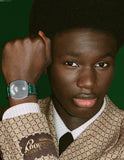 Gucci Grip Quartz Silver Dial Green Leather Strap Watch For Women - YA157404