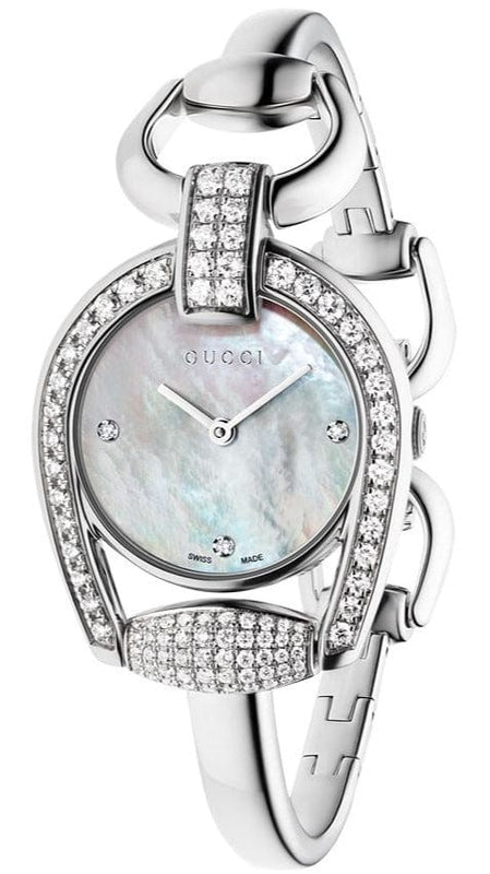 Buy Shop Gucci Horsebit Collection Diamonds Mother of Pearl Dial Silver Steel Strap Watch For Women - YA139505 USA Online