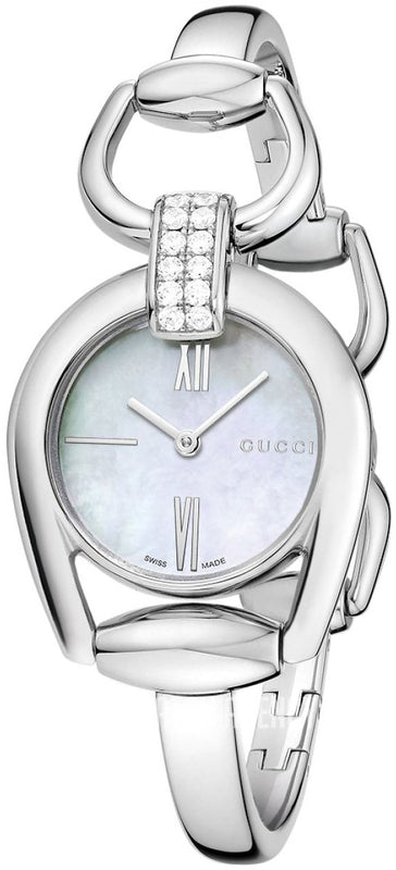 Buy Shop Gucci Horsebit Collection Diamonds Mother of Pearl White Dial Silver Steel Strap Watch For Women - YA139504 USA Online