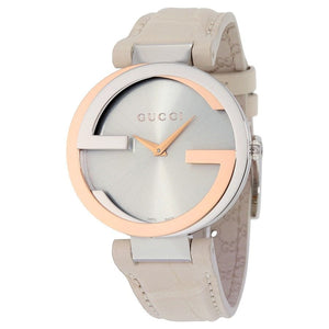 Buy Shop Gucci Interlocking 18K Gold Silver Dial White Leather Strap Watch For Women - YA133303 USA Online