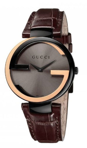 Buy Shop Gucci Interlocking G 18K Gold Black Dial Brown Leather Strap Watch For Women - YA133304 USA Online