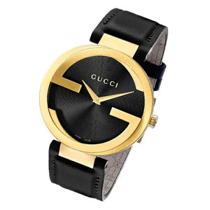 Buy Shop Gucci Interlocking G Gold Black Dial Black Leather Strap Unisex Watch - YA133326 USA Online