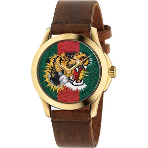 Buy Shop Gucci Le Marche Des Merveilles Red & Green Dial Brown Leather Strap Unisex Watch - YA126497 USA Online