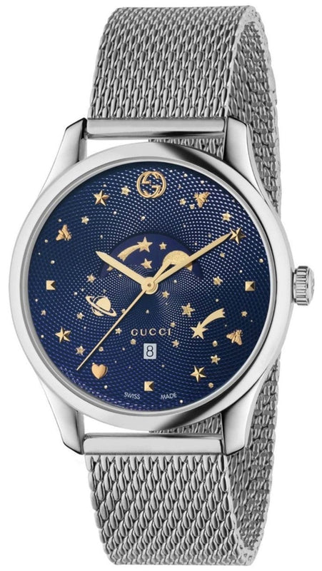 Buy Shop Gucci G-Timeless Motifs Moon Phase Blue Dial Silver Mesh Bracelet Watch For Men - YA126328 USA Online