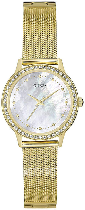 Guess Chelsea Mother of Pearl White Dial Gold Mesh Strap Watch For Women - W0647L3