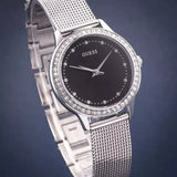 Buy Shop Guess Chelsea Crystals Black Dial Silver Mesh Bracelet Watch For Women - W0647L5 USA Online