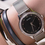 Buy Shop Guess Chelsea Crystals Black Dial Silver Mesh Bracelet Watch For Women - W0647L5 USA Online
