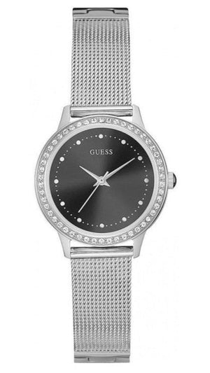 Guess Chelsea Crystals Black Dial Silver Mesh Bracelet Watch For Women - W0647L5