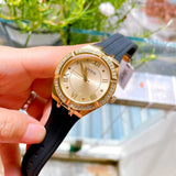 Guess Cosmo Diamonds Gold Dial Black Rubber Strap Watch for Women - GW0034L1