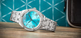 Buy Shop Guess Cosmo Diamonds Turquoise Dial Silver Steel Strap Watch for Women - GW0033L7 USA Online