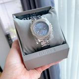 Buy Shop Guess Crown Jewel Diamonds Blue Dial Silver Steel Strap Watch for Women - GW0410L1 USA Online