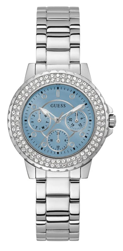 Buy Shop Guess Crown Jewel Diamonds Blue Dial Silver Steel Strap Watch for Women - GW0410L1 USA Online