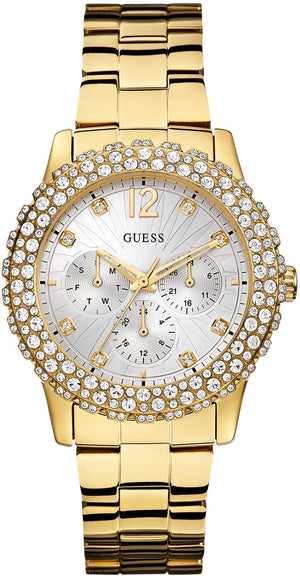 Buy Shop Guess Dazzler Diamonds Silver Dial Gold Steel Strap Watch for Women - W0335L2 USA Online
