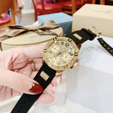 Buy Shop Guess Frontier Diamonds Gold Dial Black Rubber Strap Watch For Women - W1160L1 USA Online