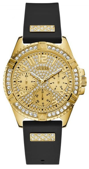Buy Shop Guess Frontier Diamonds Gold Dial Black Rubber Strap Watch For Women - W1160L1 USA Online