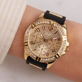 Guess Frontier Diamonds Gold Dial Black Rubber Strap Watch For Women - W1160L1